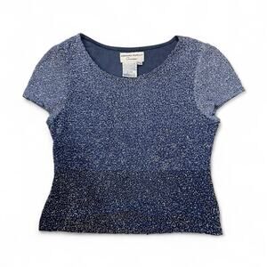90s whimsical elegant blue beaded short sleeve blouse women's size petite 10